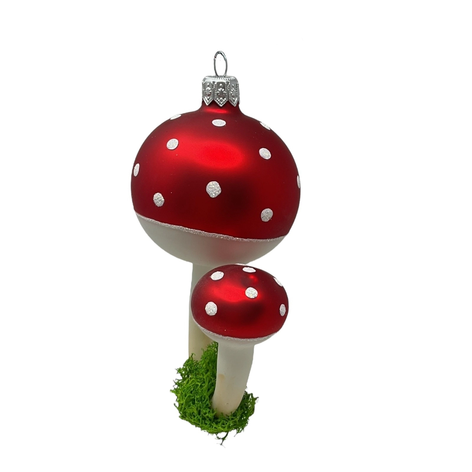 Pinnacle Peak Trading Company Pair of Red Toadstool Mushrooms with Moss Polish Glass Christmas Tree Ornament