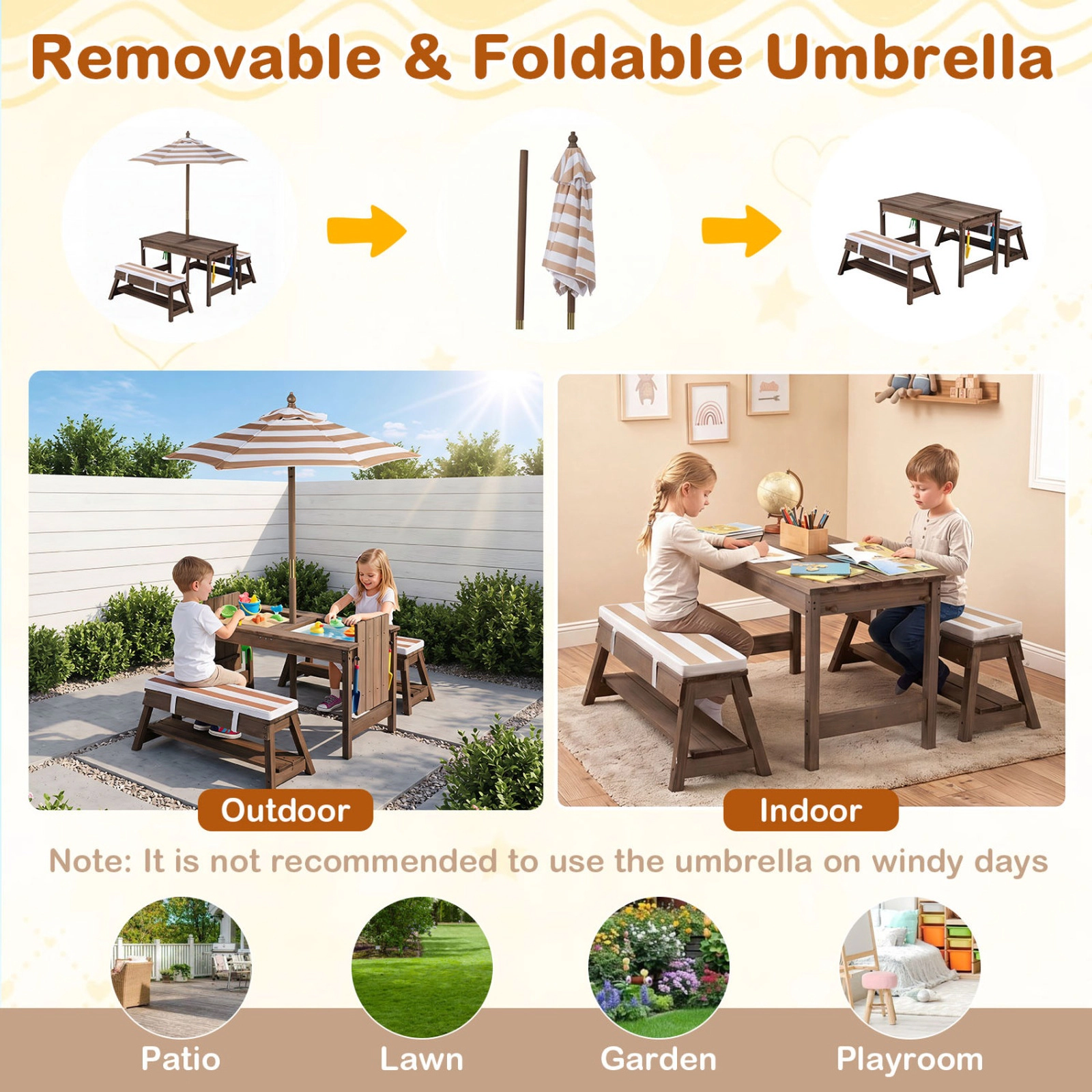 SUGIFT Umbrella and Water Boxes Kids Outdoor Fir Wood Picnic Table Bench Set