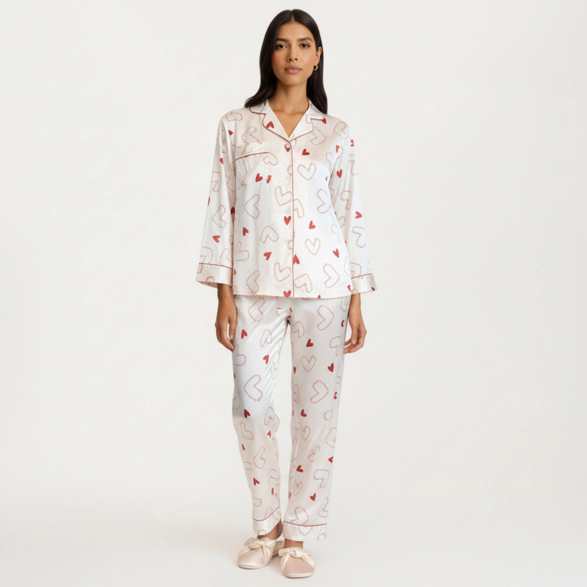 Anna-Kaci Women's 2-Piece Valentine Heart Print Satin Button Front Pajama Top Contrast Piping and Relaxed Fit Pants