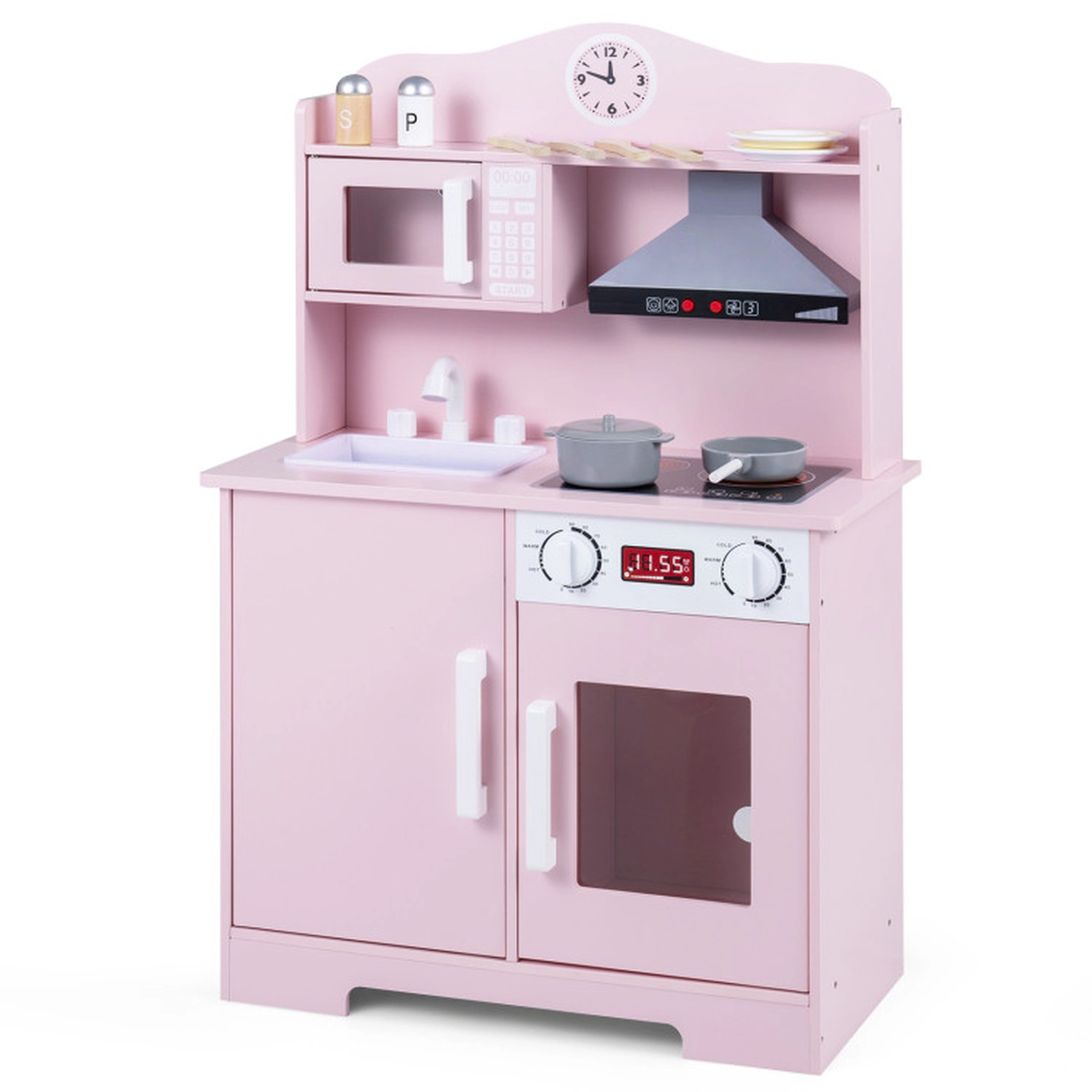 SUGIFT Multi-Functional Wooden Play Kitchen Set with Range Hood and Microwave Ages 3+ Pink with Utensils