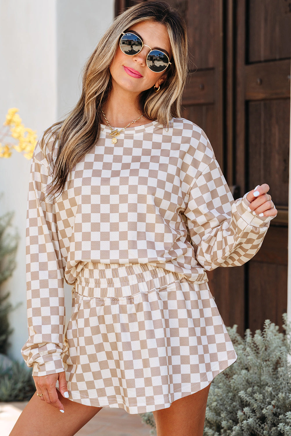 Threaded Pear Women's Emily Checkered Long Sleeve High Waist Skort 2pcs Set