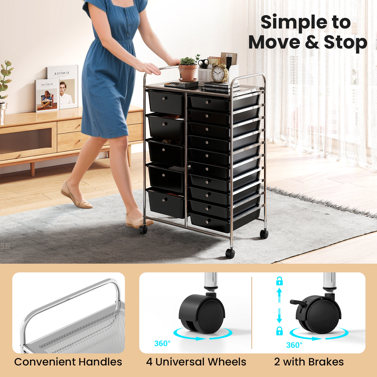 SUGIFT Black 88-lb Capacity 15-Drawer Rolling Storage Trolley with Chrome Frame Top Shelf and Locking Wheels
