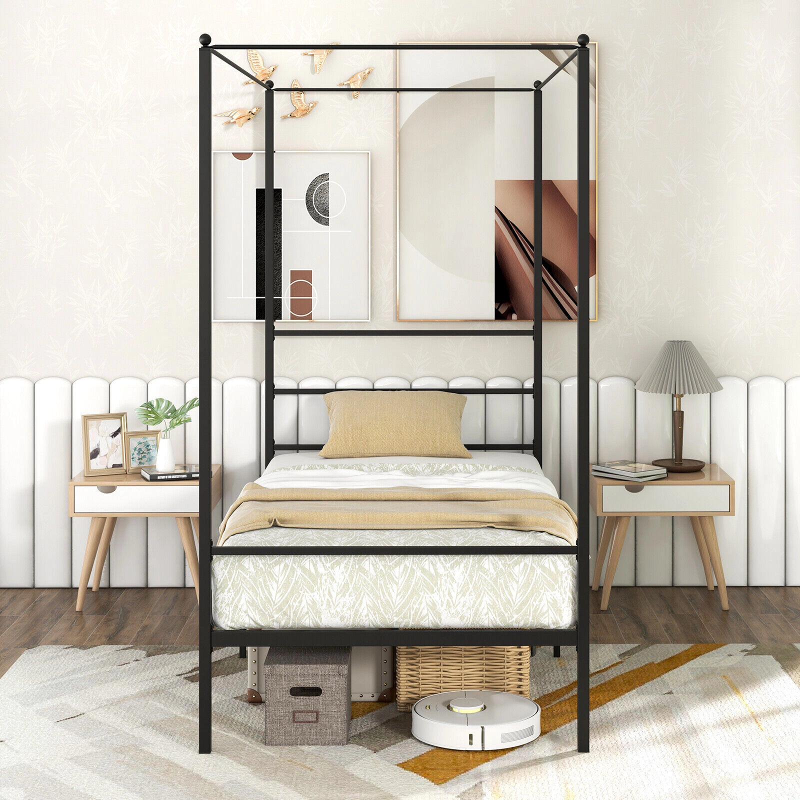 LJG Twin/Full/Queen Size Metal Canopy Bed Frame with Slat Support