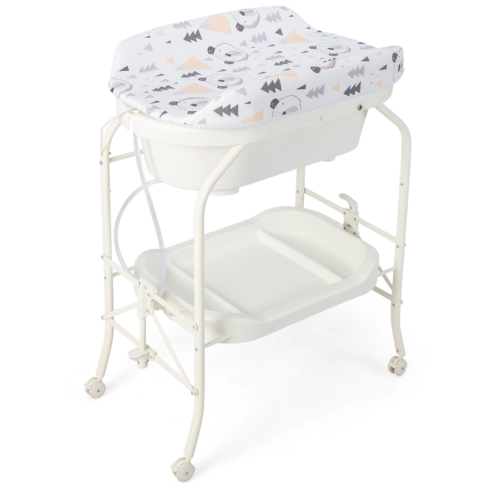 SUGIFT Folding Baby Changing Table White with Bathtub and 4 Lockable Wheels