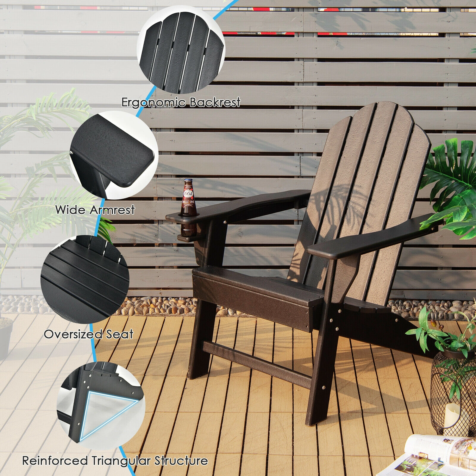 SUGIFT Adirondack Chair with Built-in Cup Holder 330-lb Capacity Black