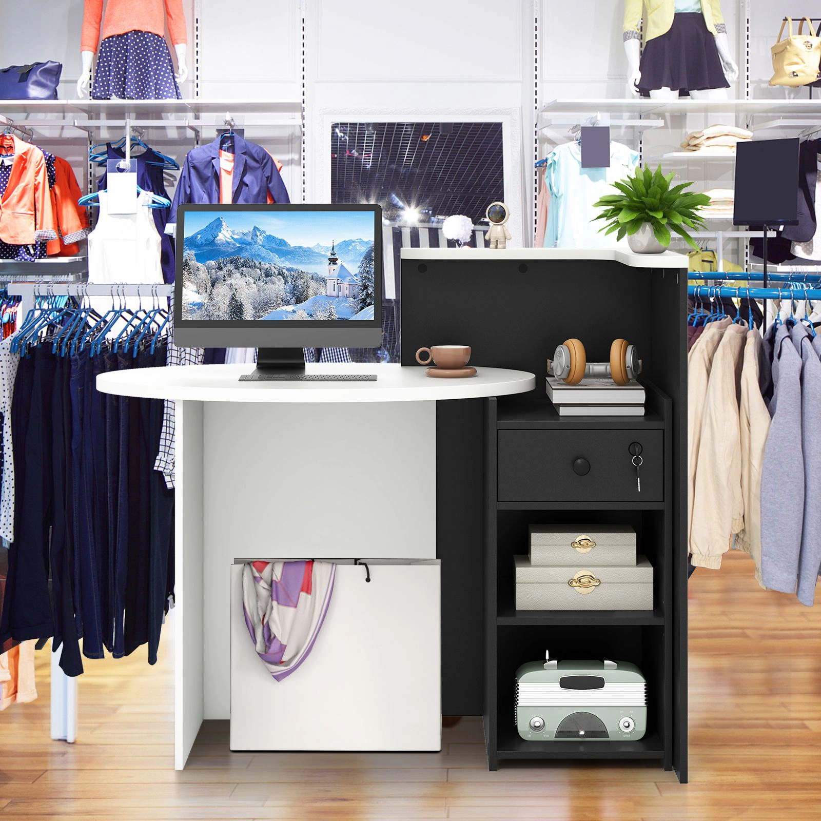 SlickBlue Reception Desk with Storage Shelves and Drawer