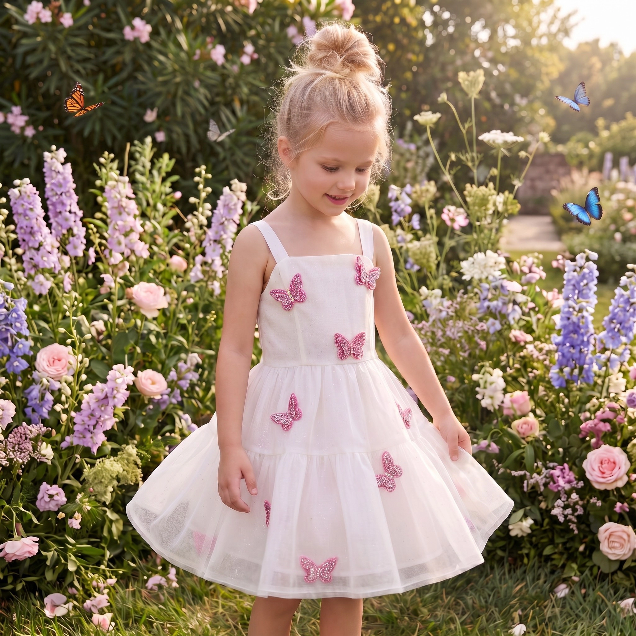2Bunnies Girls 4T-10Y Sparkling Organza 3D Butterfly Appliqués Tiered Party Dress