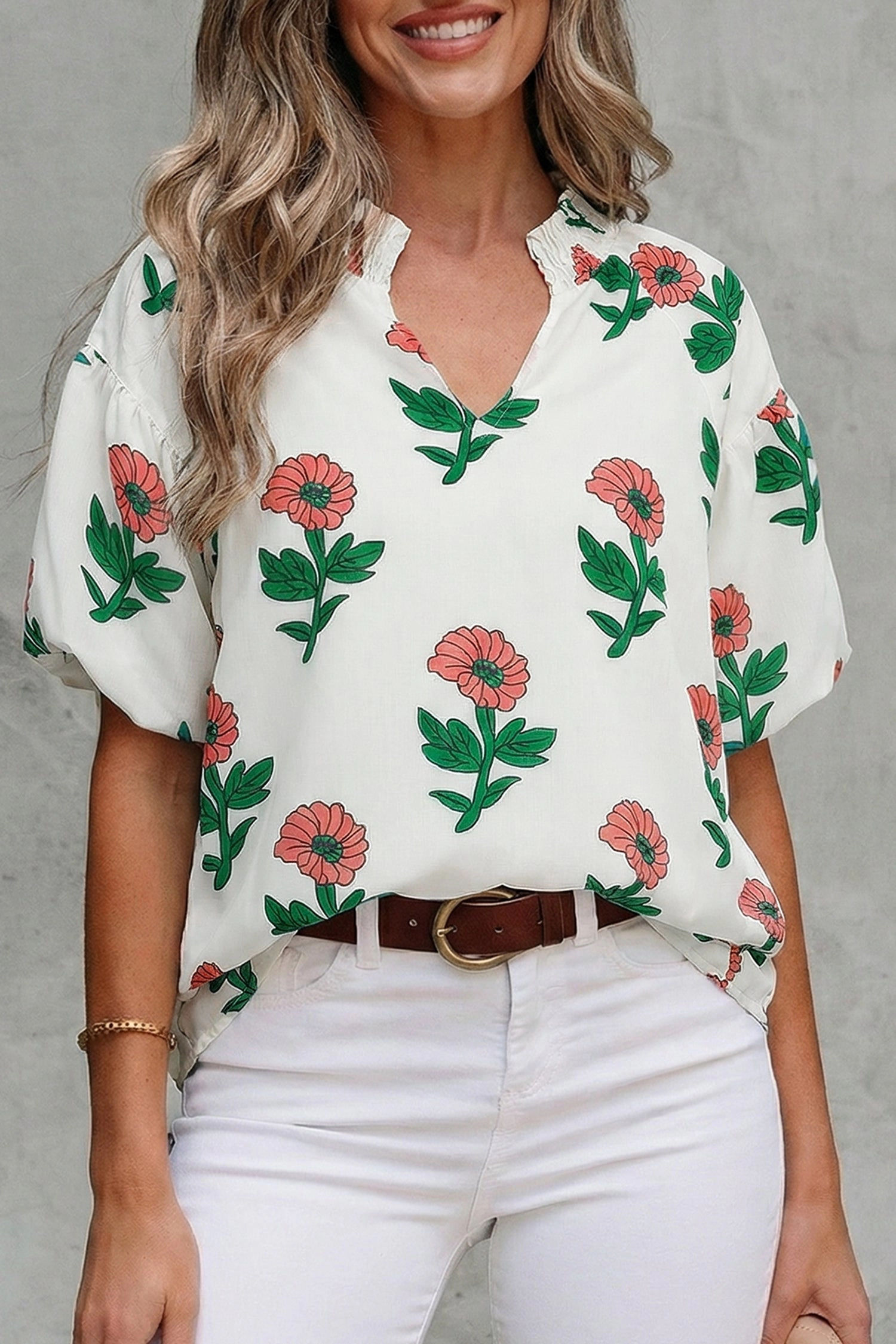 Threaded Pear Briar Shirred Short Sleeve Blouse - Floral Print, 100% Polyester