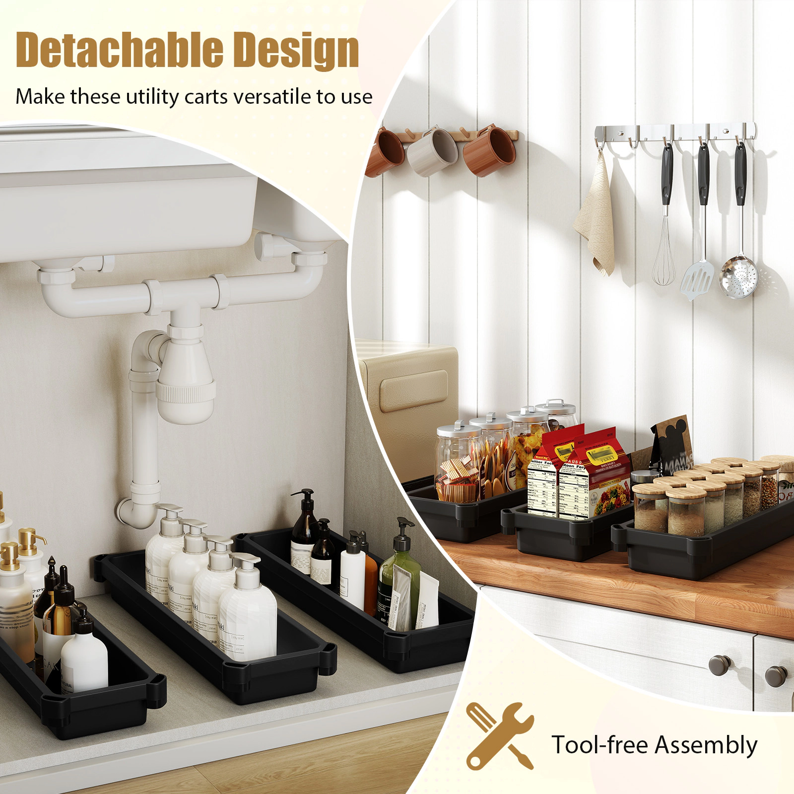 SUGIFT 3-Tier Slim Rolling Storage Cart Black 2-Pack Bathroom Organizer with Wheels