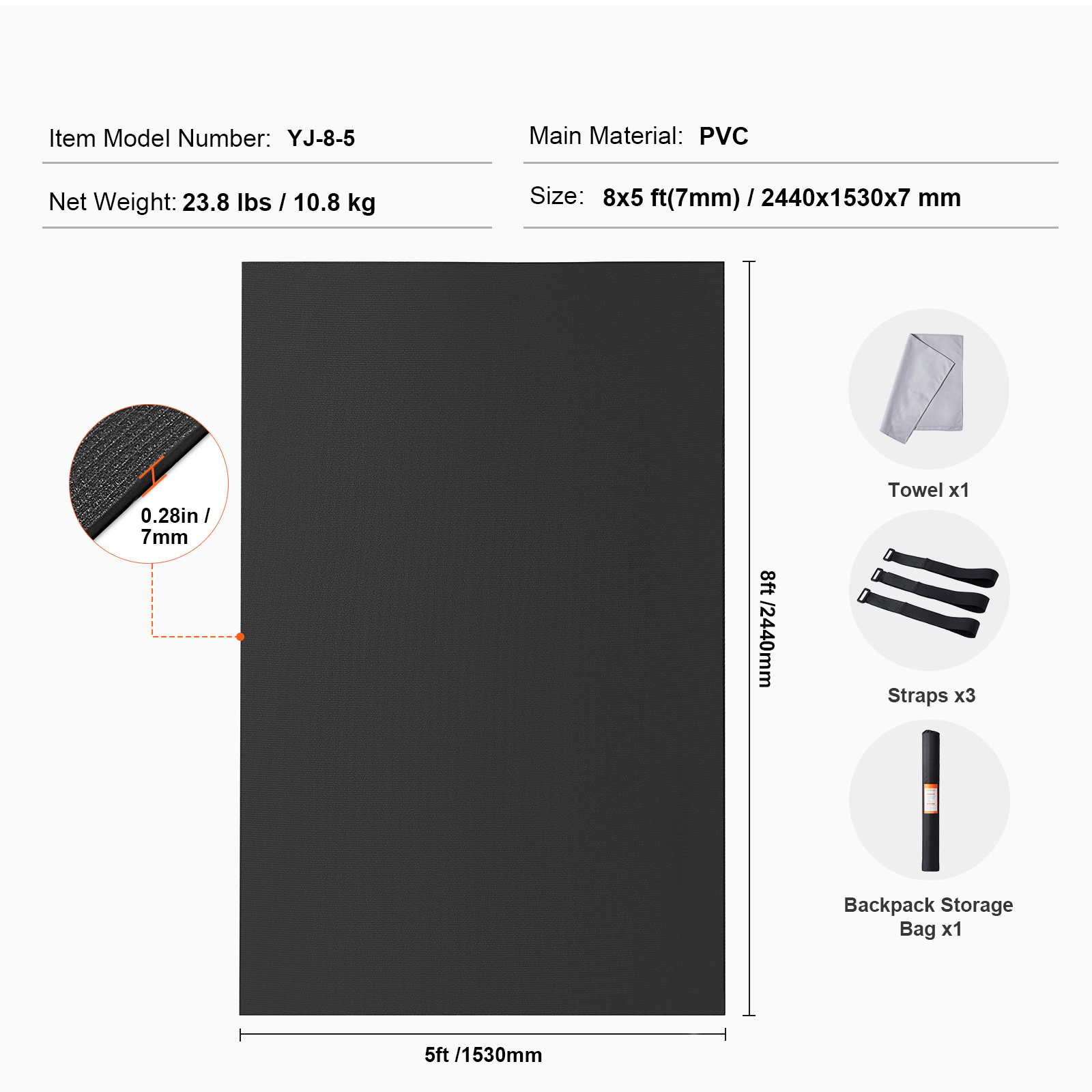 HONGGE Large Non-Slip Yoga Mat, 8x5 ft PVC Exercise Mat for 1-2 People, Home Gym Workout Mat with Carry Bag