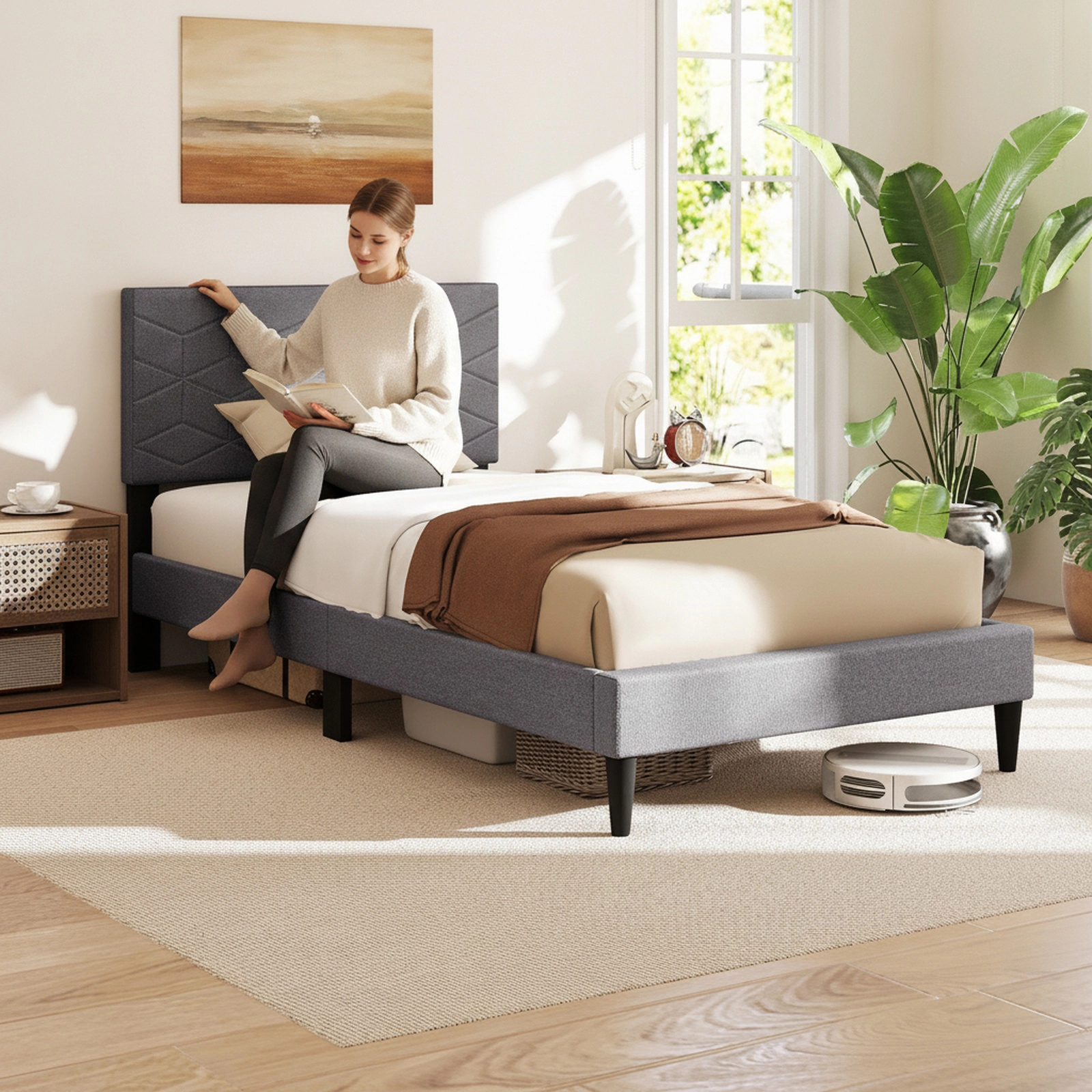 Twin Bed Frame Modern Platform Bed with Linen Upholstered Headboard 10 LVL Slats 6 Support Legs Gray