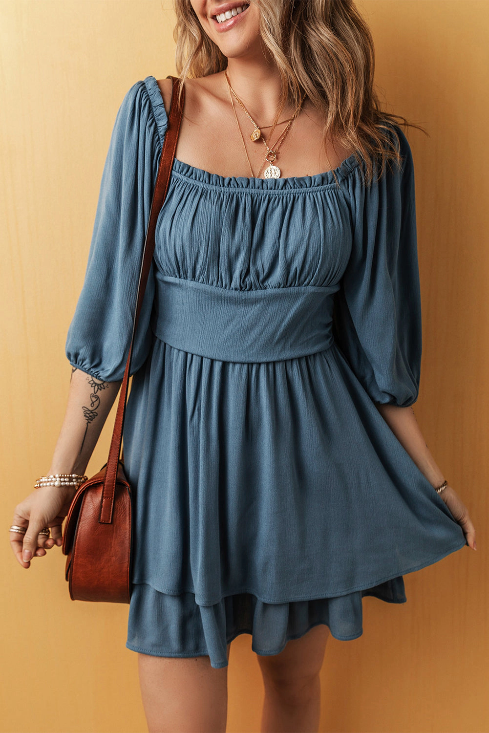 Threaded Pear Women's Katalina Frilled Layered Ruched Mini Dress