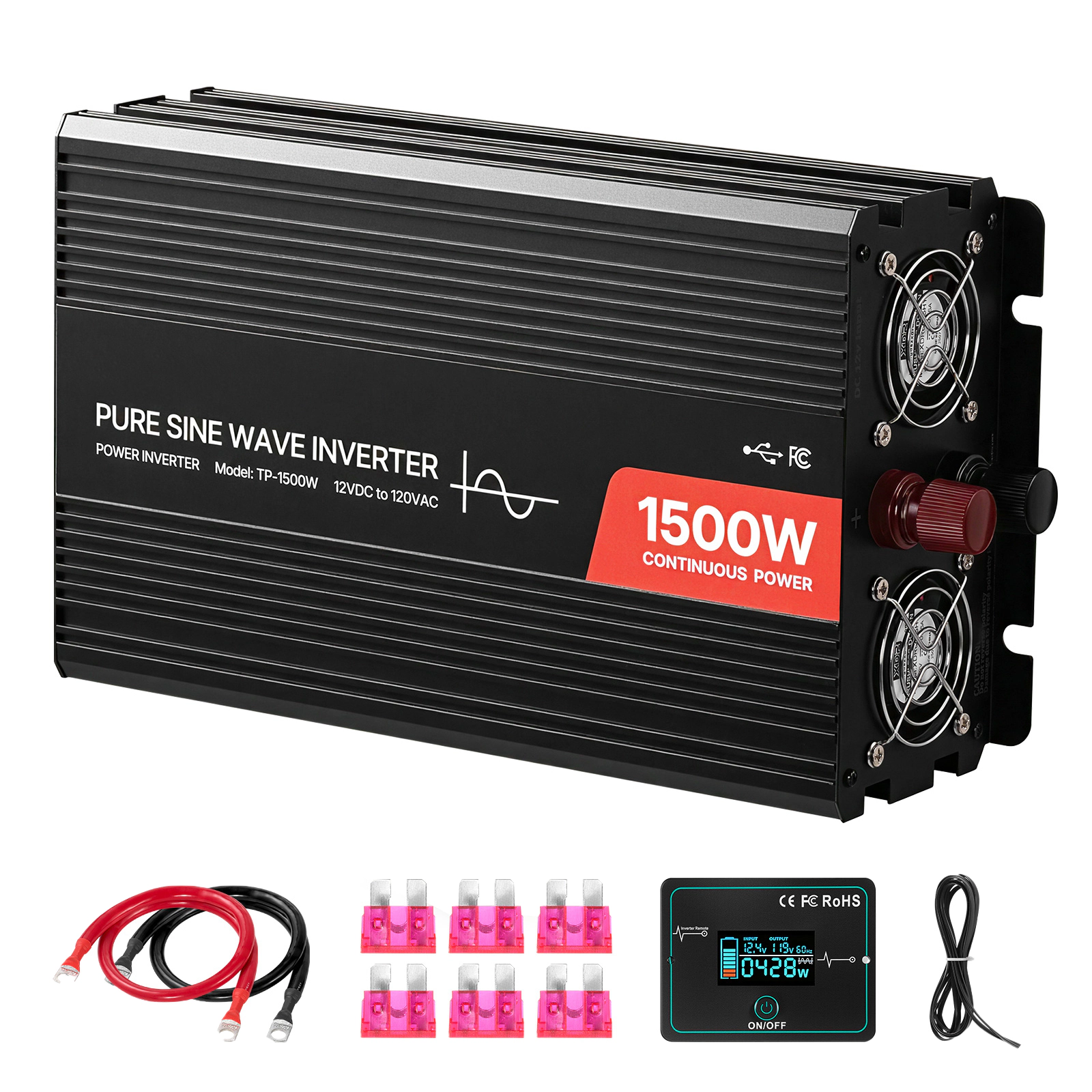 HONGGE Power Inverter, 12V DC to 120V AC Pure Sine Wave Car Charger Converter with Remote Control