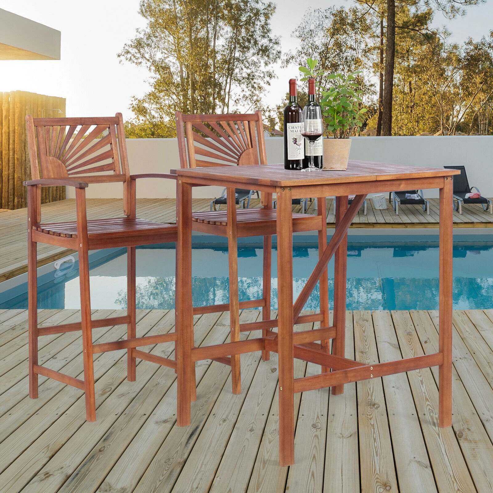SUGIFT 3-Piece Acacia Wood Patio Bar Set, 35.5-Inch Table and 29-Inch Seat Stools
