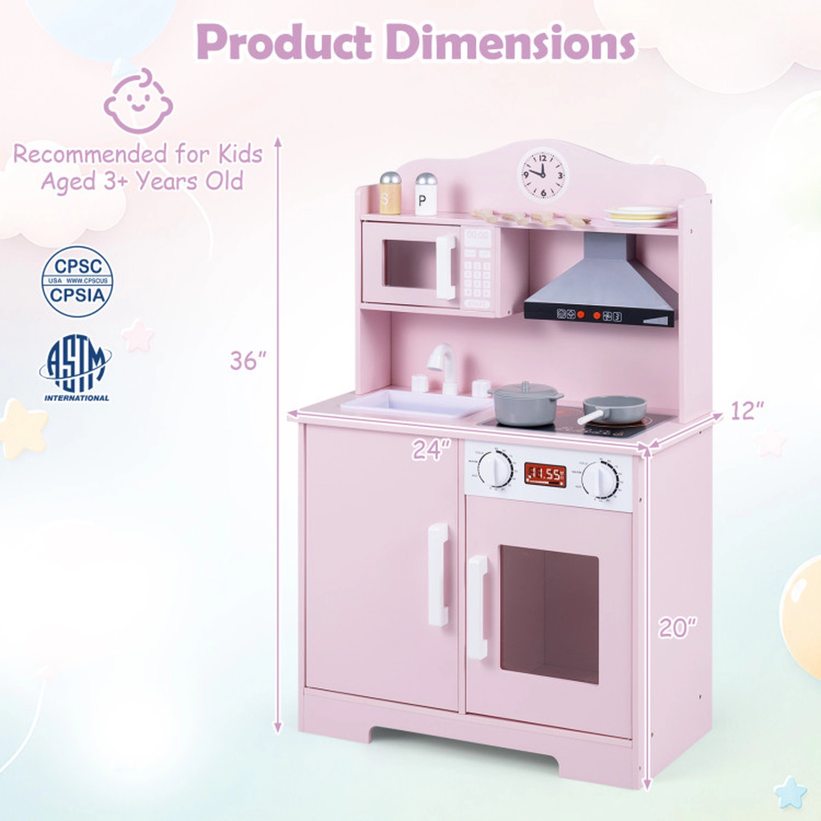 SUGIFT Multi-Functional Wooden Play Kitchen Set with Range Hood and Microwave Ages 3+ Pink with Utensils