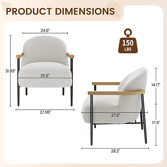 BebreezChic Accent Chair with Wood Armrests, Metal Frame & Adjustable Feet – Cozy Teddy Fabric Armchair