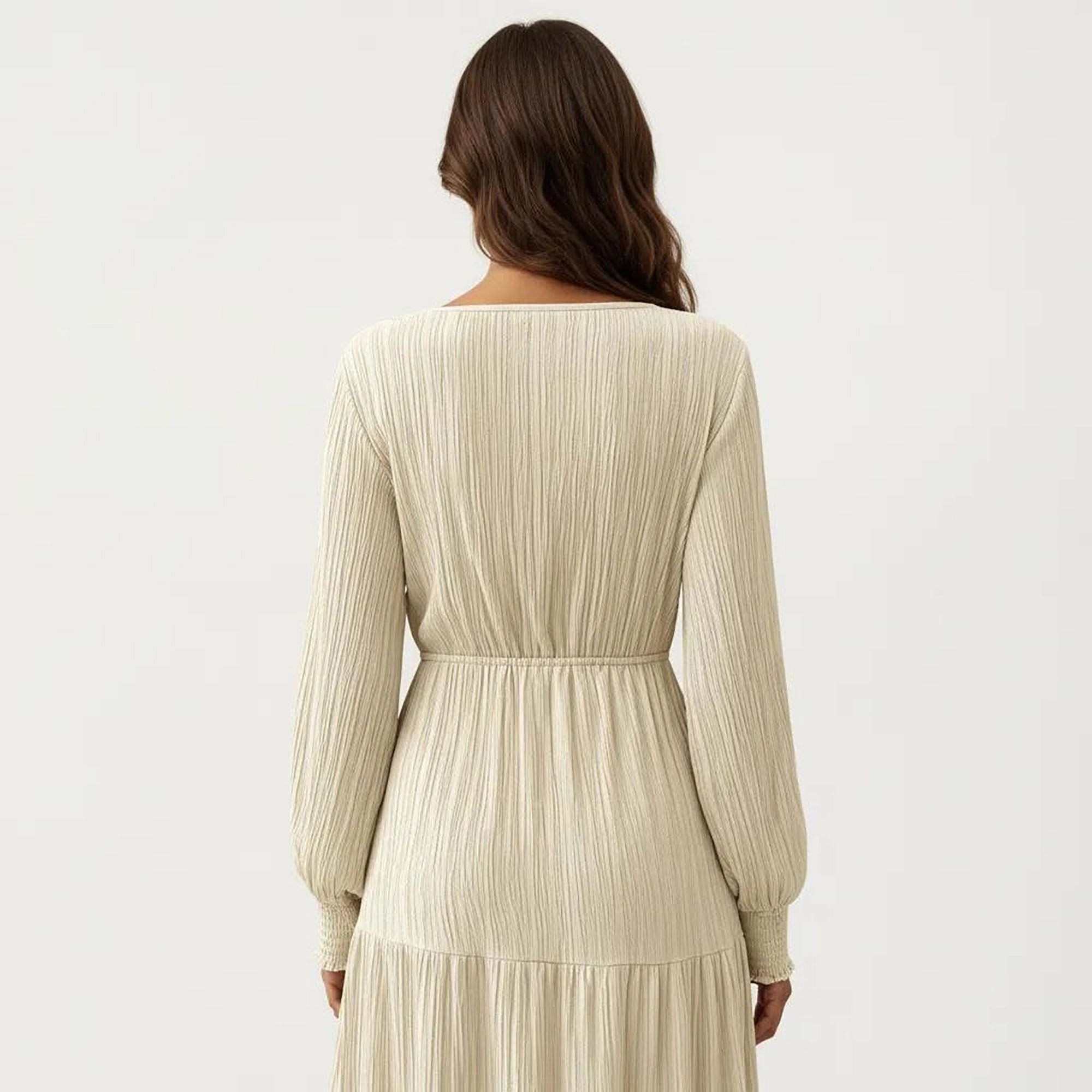 Anna-Kaci Women's Pleated V Neck Long Sleeve Waist Tie Dress