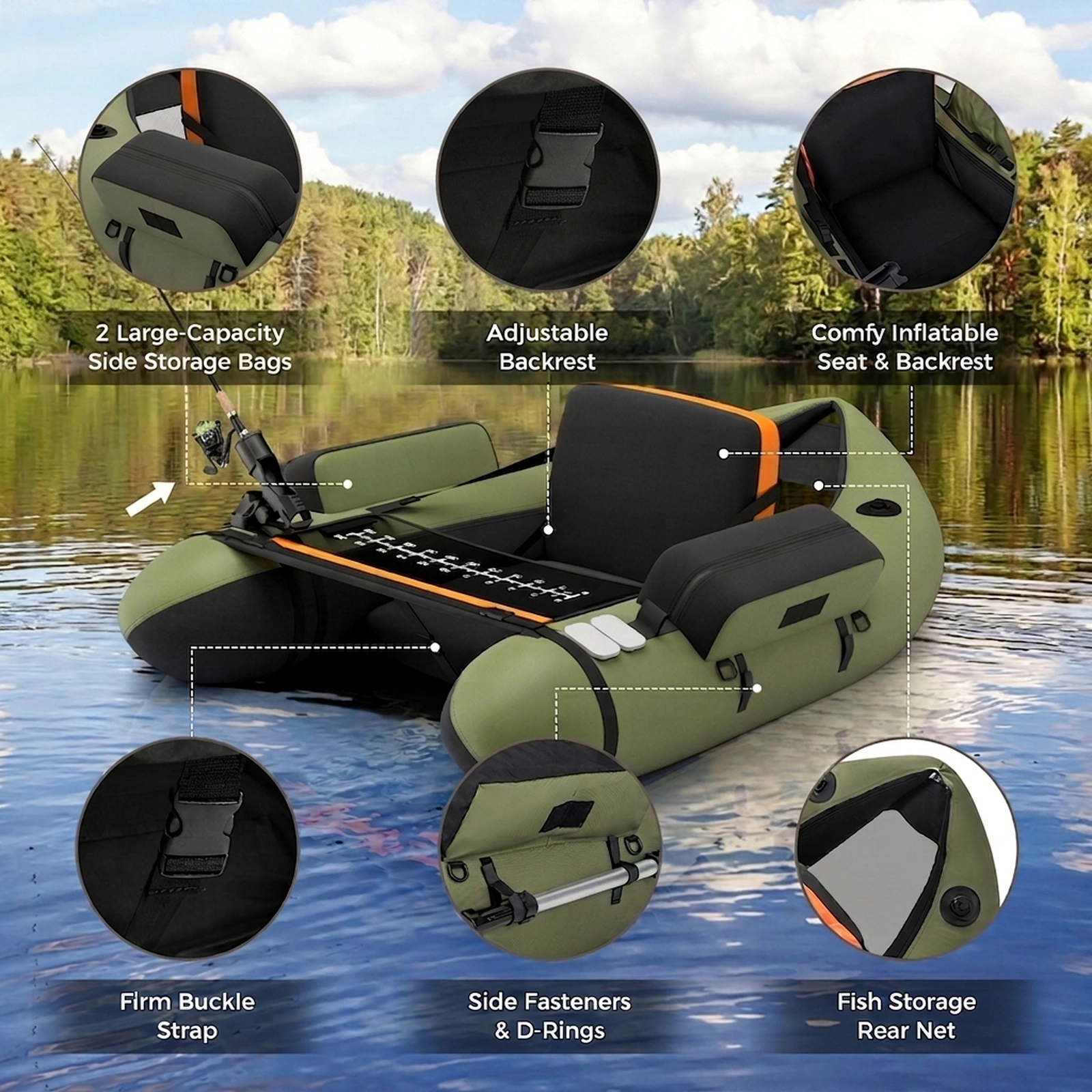 SUGIFT Adult Green Fishing Float Tube with Hydrodynamic Hull and Fish Ruler 53-in W 21-in H 350-lb Load Capacity