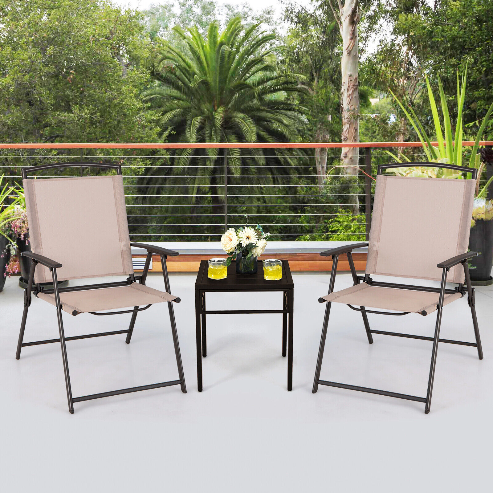 SUGIFT Breathable Quick-Drying Fabric Patio Dining Chairs Armrests Foldable Steel Frame 330-lb Capacity Set of 2 Beige
