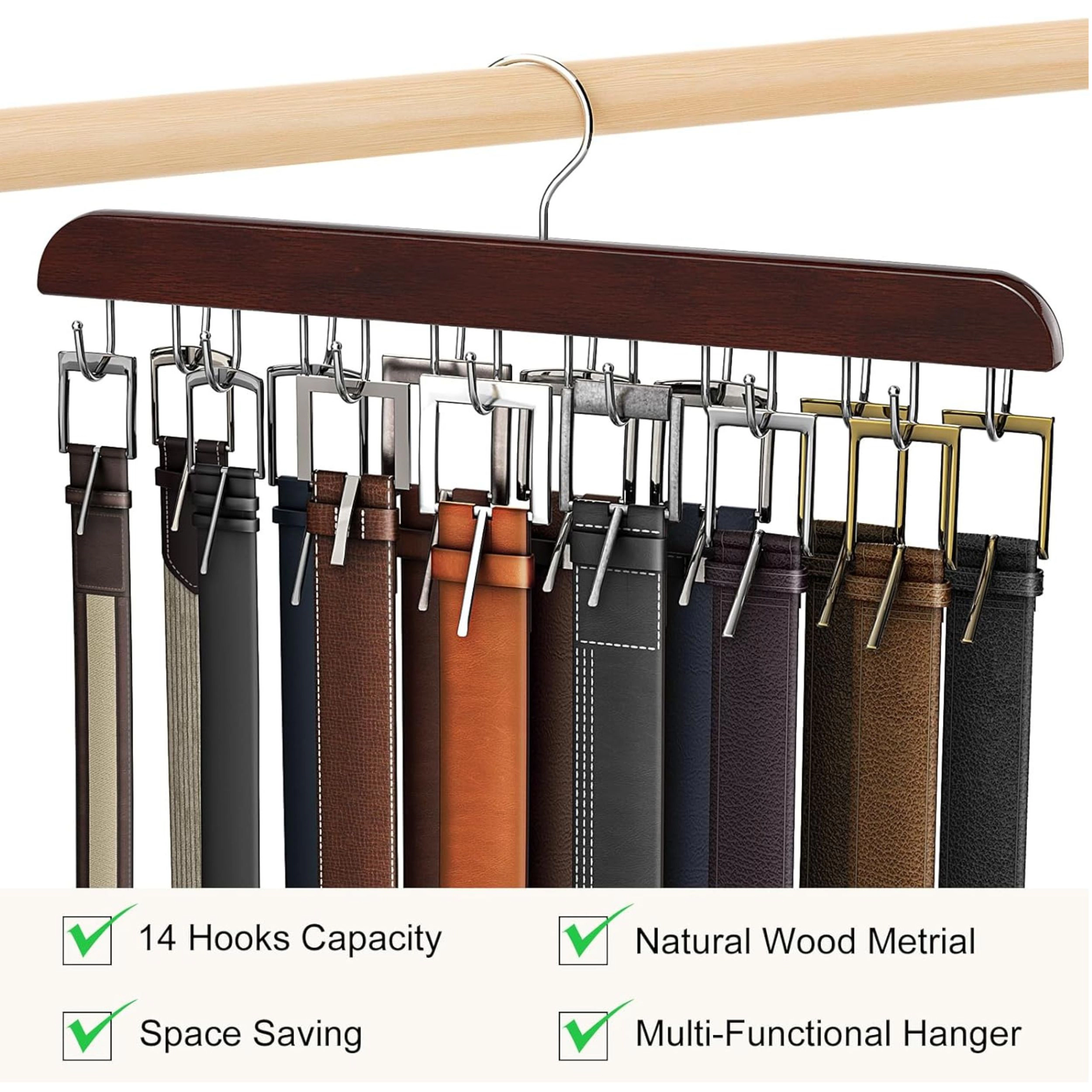 Stock Preferred Wooden Belt Hanger with 14 Hooks Holds Up to 42 Belts Closet Organizer