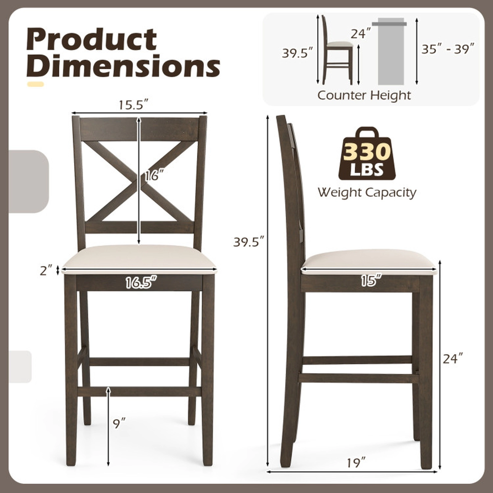 SUGIFT X-Back Counter-Height Bar Stools with Upholstered Cushioned Seats 330-lb Capacity Dark Brown and Cream