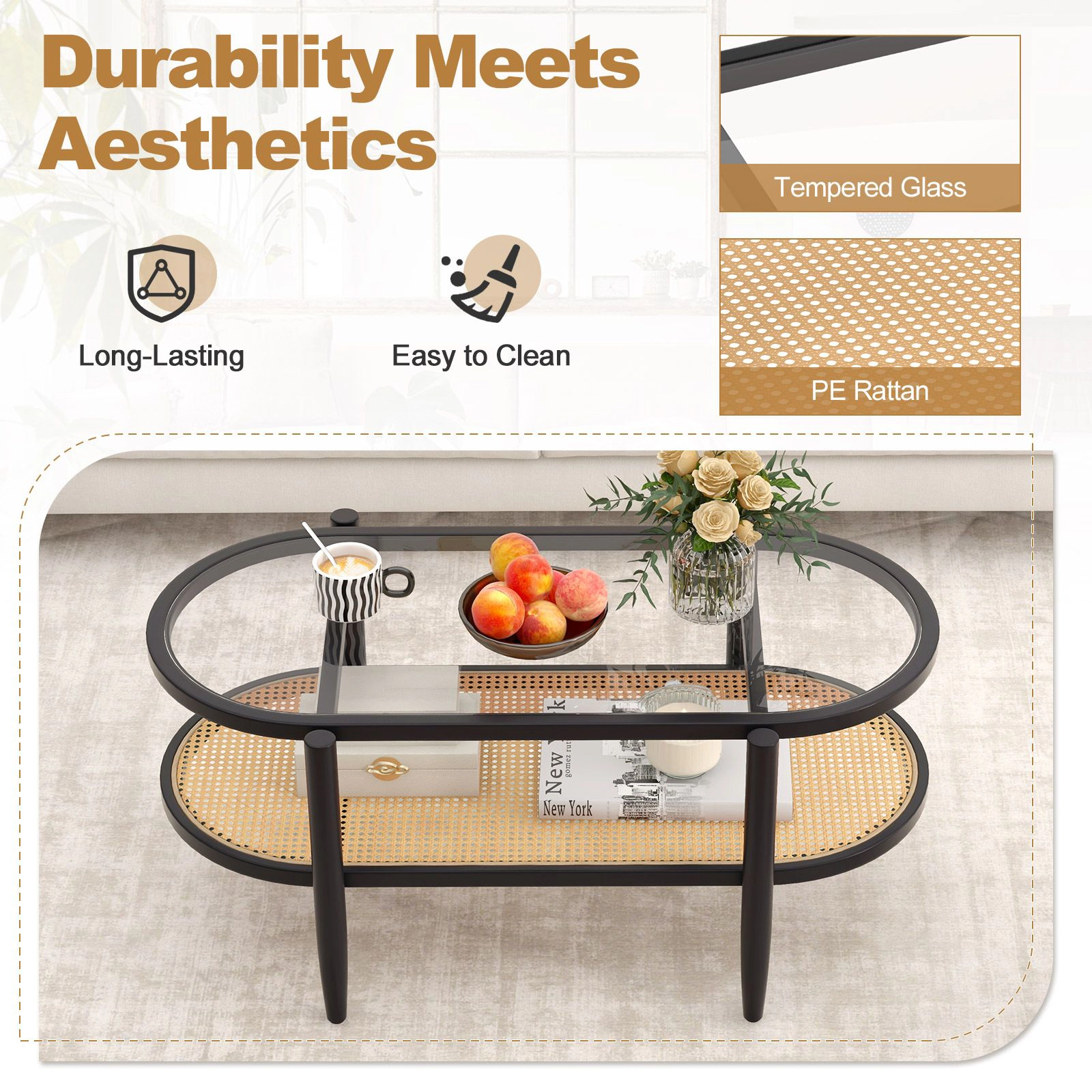 SlickBlue 2-Tier Coffee Table with Glass Top and Wood Frame