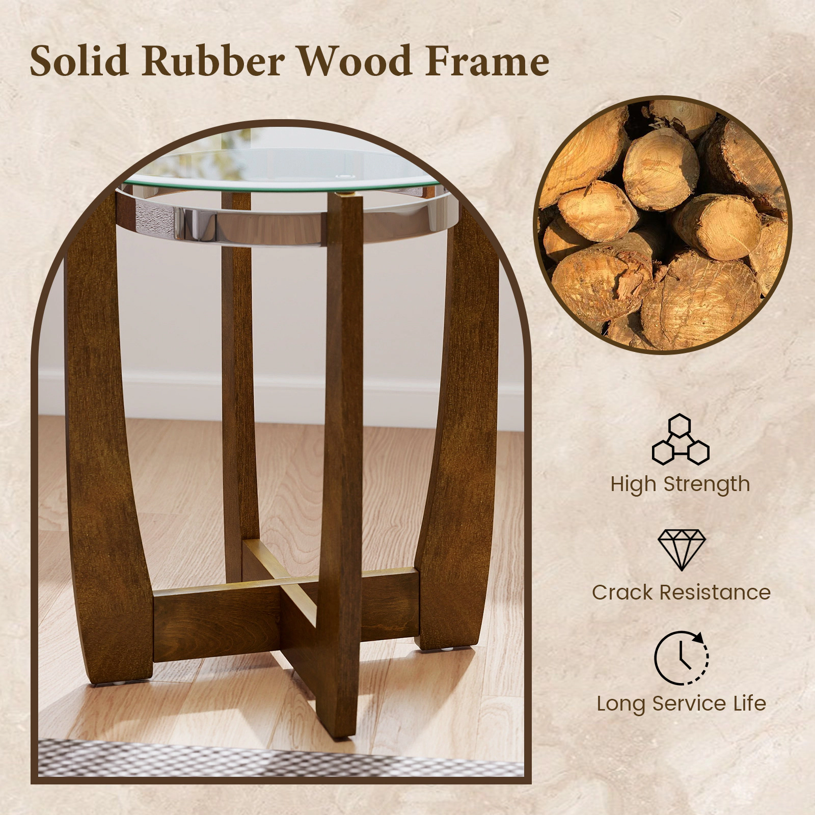 SUGIFT Round Tempered Glass Side Table 220-lb Capacity Transparent & Walnut