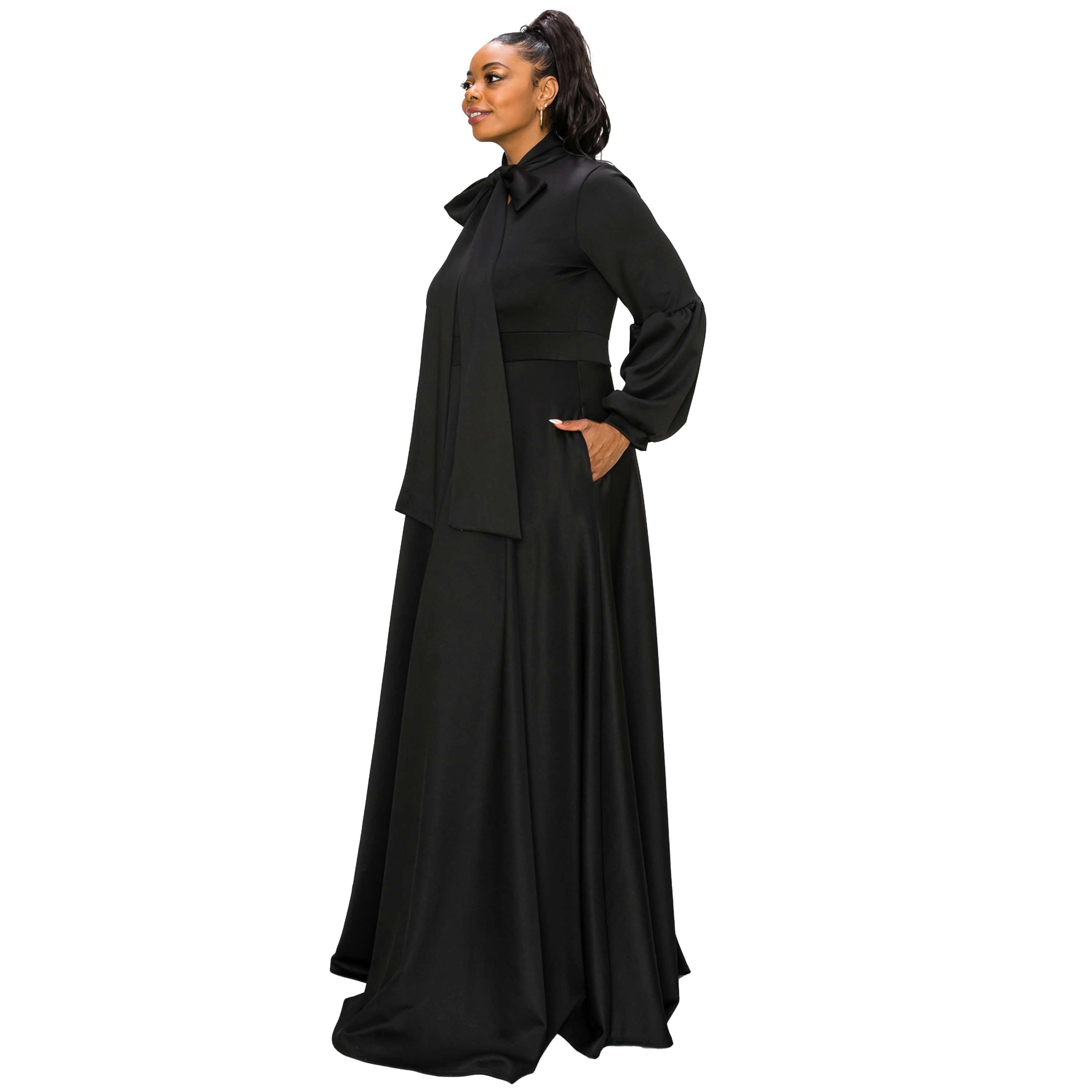 L I V D Women's Plus Bella Donna Dress with Ribbon and Bishop Sleeves