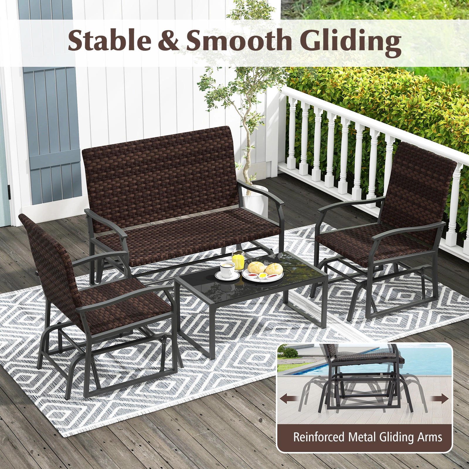 SUGIFT 4-Piece Mix Brown Patio Glider Set with Loveseat, 2 Chairs and Glass Table