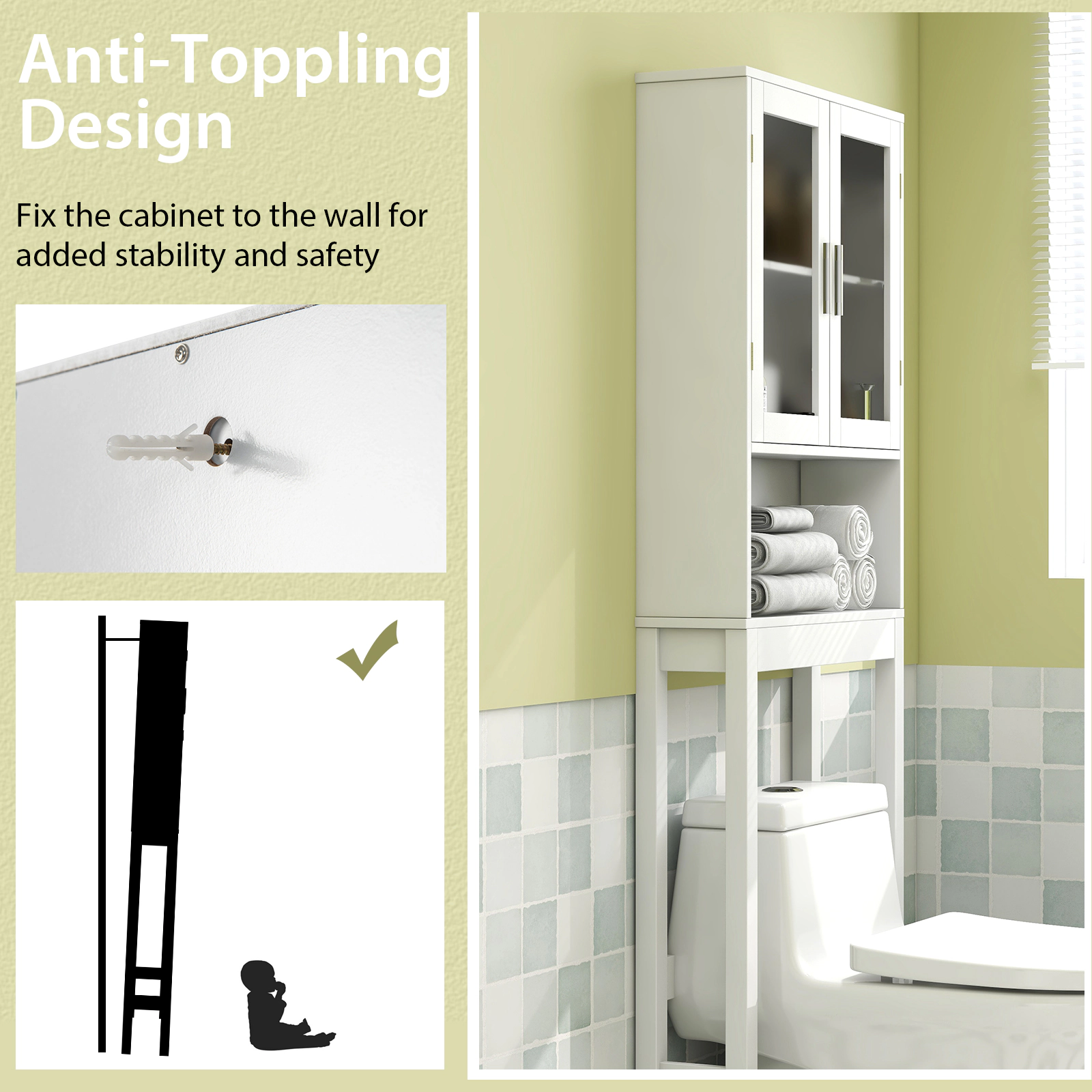 SUGIFT Over the Toilet Storage Cabinet White 67 in with Frosted Glass Doors and Adjustable Shelf