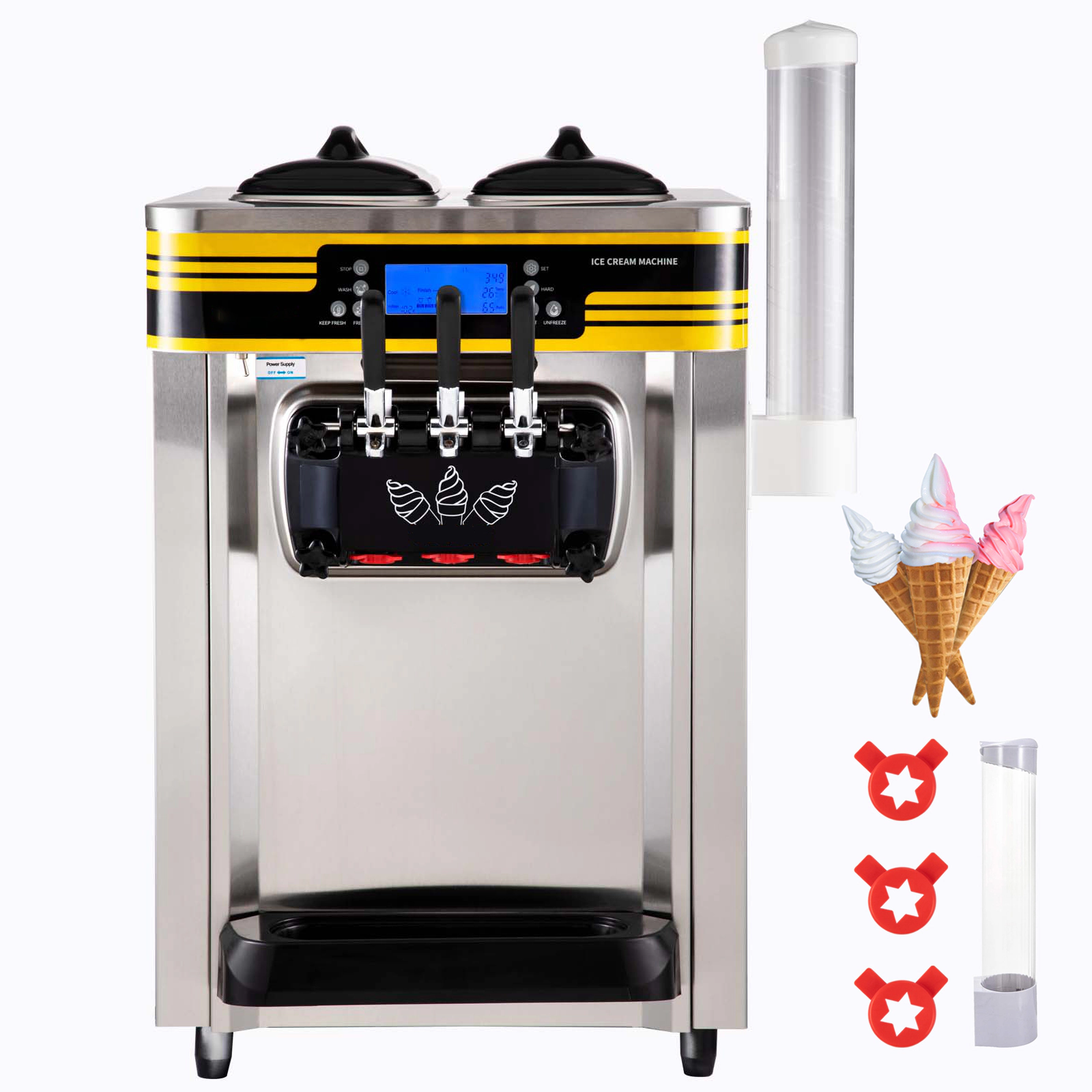 HONGGE Commercial Ice Cream Maker 22-30L /H Yield Countertop Soft Serve Machine with 2x6L Hopper 2L Cylinder LCD Panel
