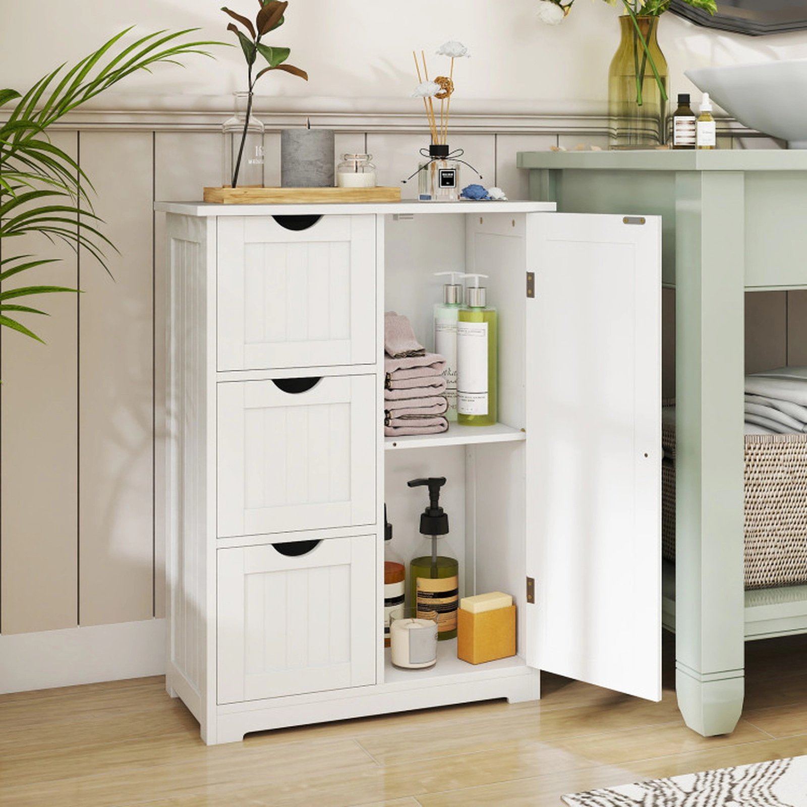 SUGIFT White 70-lb Top Capacity 3-Drawer Bathroom Floor Storage Cabinet with Cupboard and Adjustable Shelf