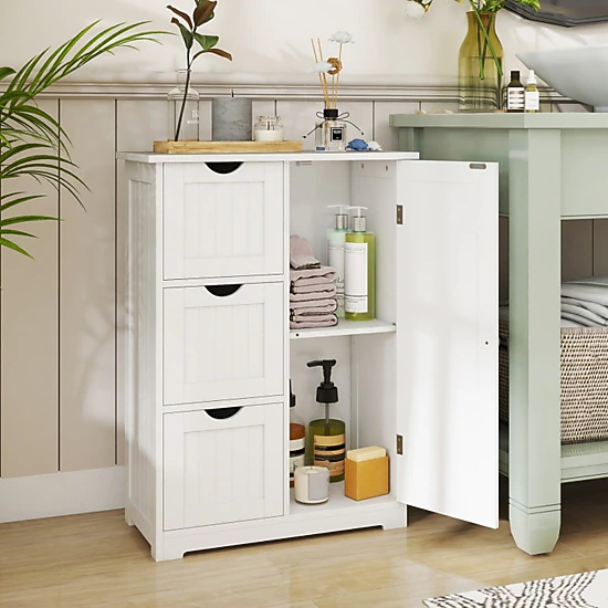 SUGIFT White 70-lb Top Capacity 3-Drawer Bathroom Floor Storage Cabinet with Cupboard and Adjustable Shelf