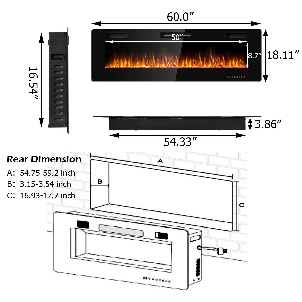 SlickBlue 60 Inch Wall Mount Electric Fireplace with Crystals, 12 Flame Colors