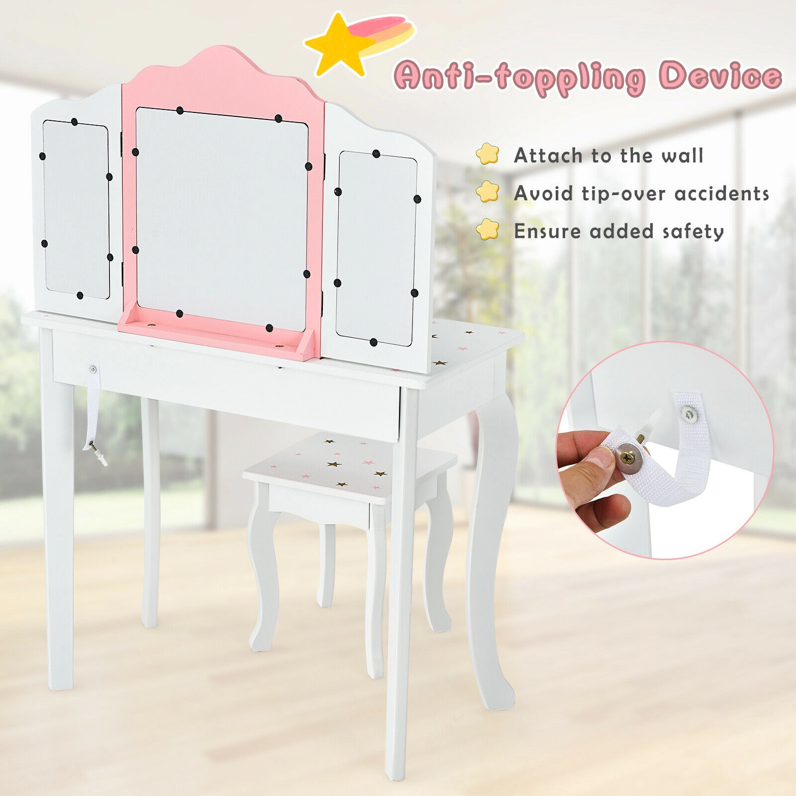 SUGIFT Kids Princess Vanity Table and Stool Set, 180-Degree Tri-Fold Mirror, Detachable Desk and Drawer
