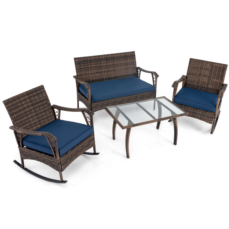 Hivvago 4 Pieces Wicker Rocking Set With Bungee Rope Seat For Porch Yard-Navy