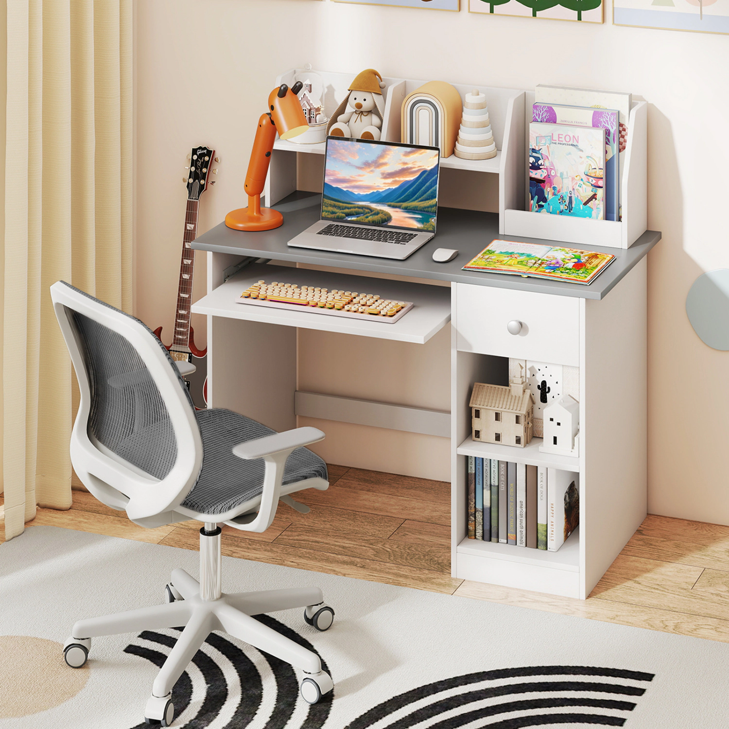 Hivvago Kids Study Desk Children Writing Table With Drawer Shelves And Keyboard Tray