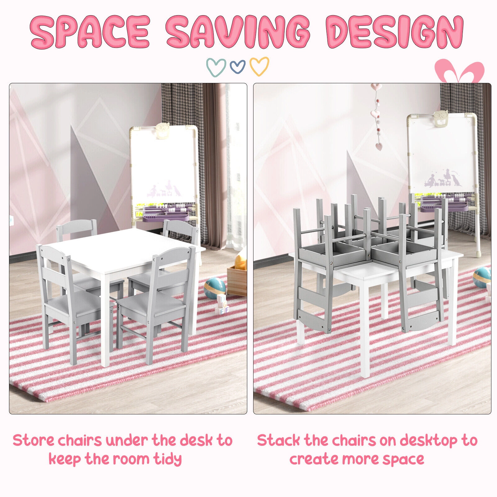 SUGIFT Kids 5-Piece Wooden Table and Chair Set 88-lb Table 110-lb Chairs Ages 2-6 White and Gray