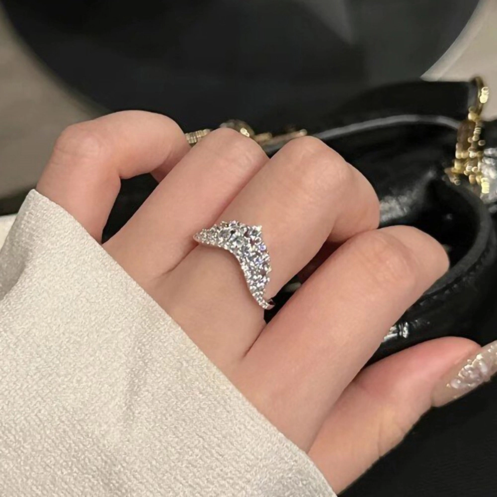 Crescent Moon Cubic Zirconia Ring Silver鈥慣one Paved Cluster Statement Ring for Women