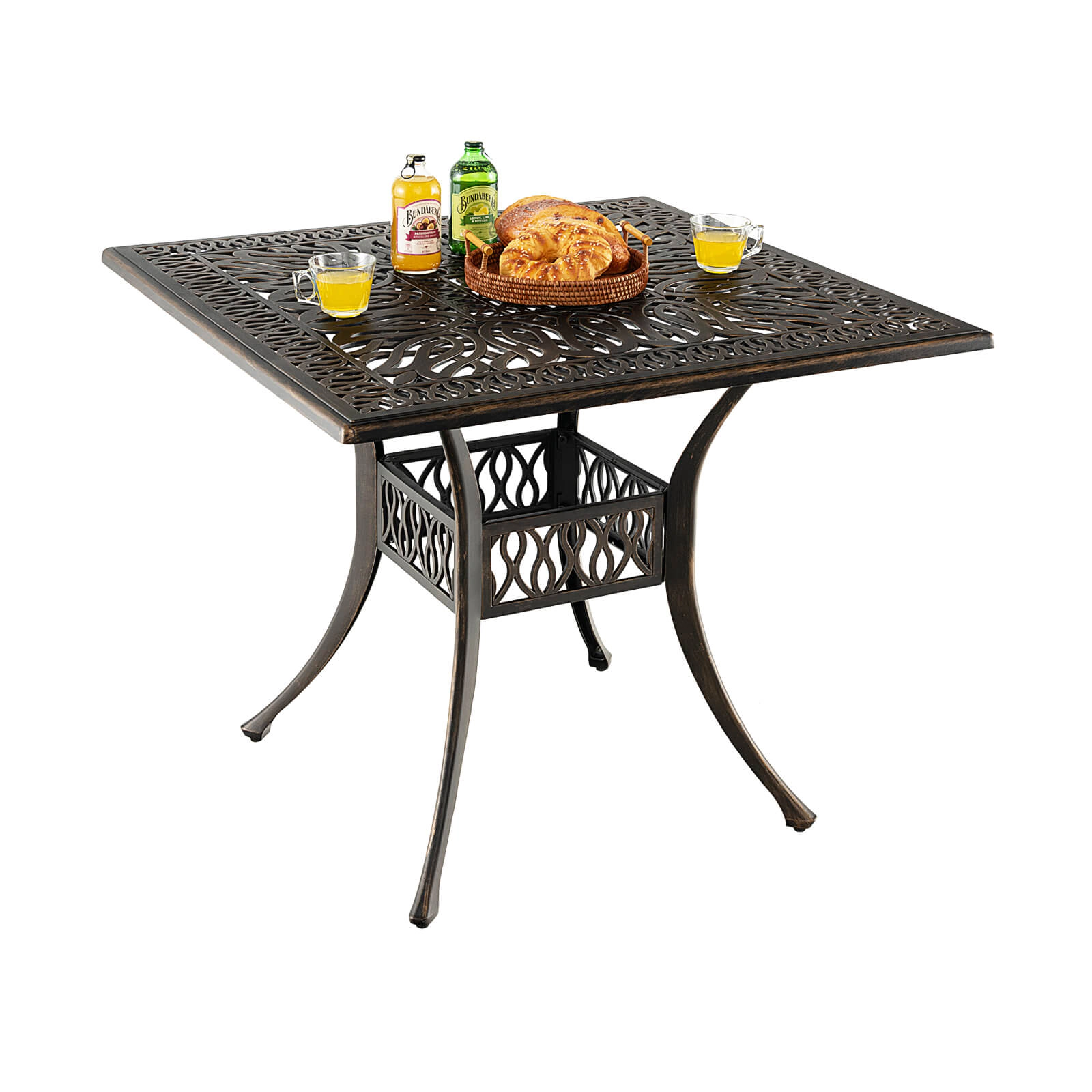 SUGIFT 36-in Cast Aluminum Patio Square Dining Table with 2-in Umbrella Hole 200-lb Capacity 4-Person Antique Brown