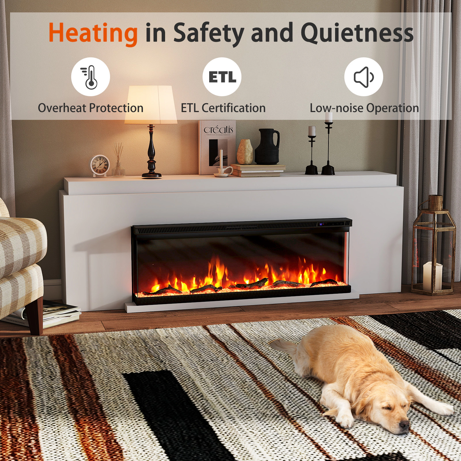 SUGIFT 50-in 3-Sided Tempered Glass 12 Flame Colors Electric Fireplace Insert 50-in x 7.8-in x 17.3-in 1500W Black