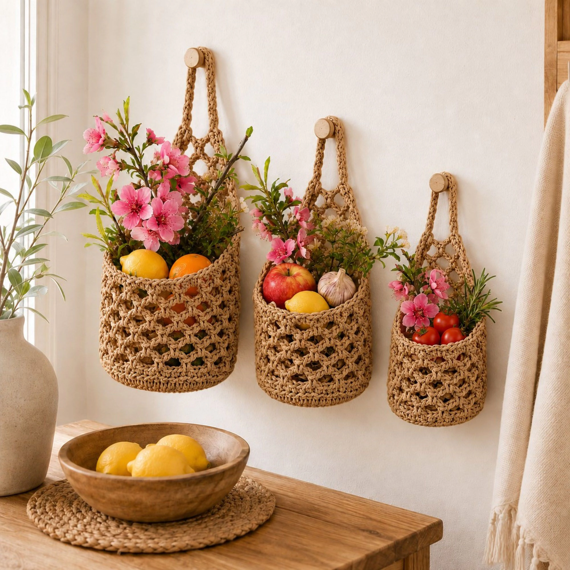 Alilang Unisex Woven Hanging Basket Set for Fruit Produce and Wall Storage