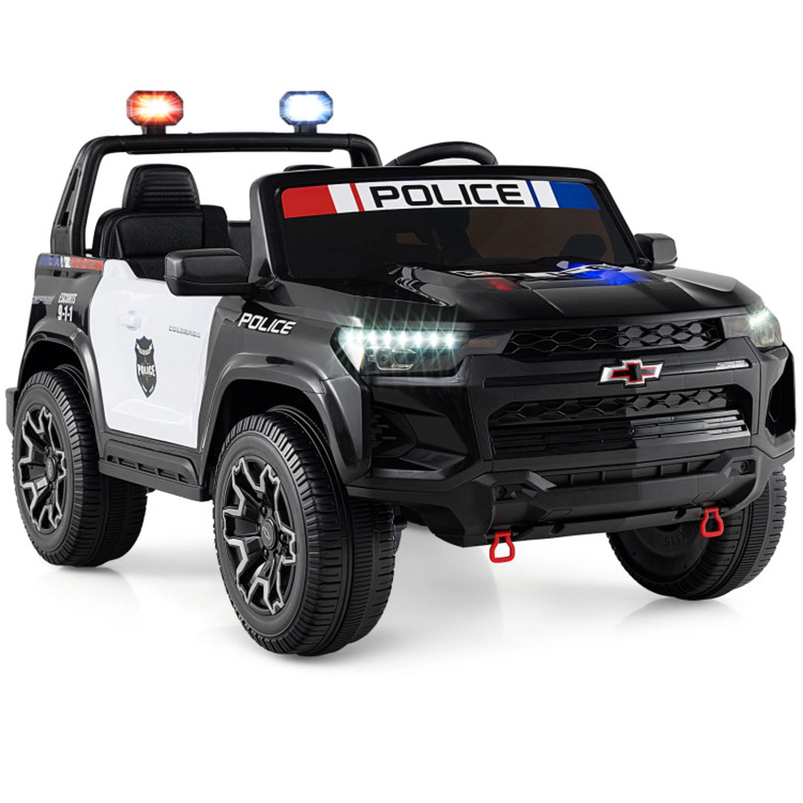SUGIFT Black Megaphone and Siren Kids 24V 2 Seater Licensed Chevrolet Ride On Police Car 4WD