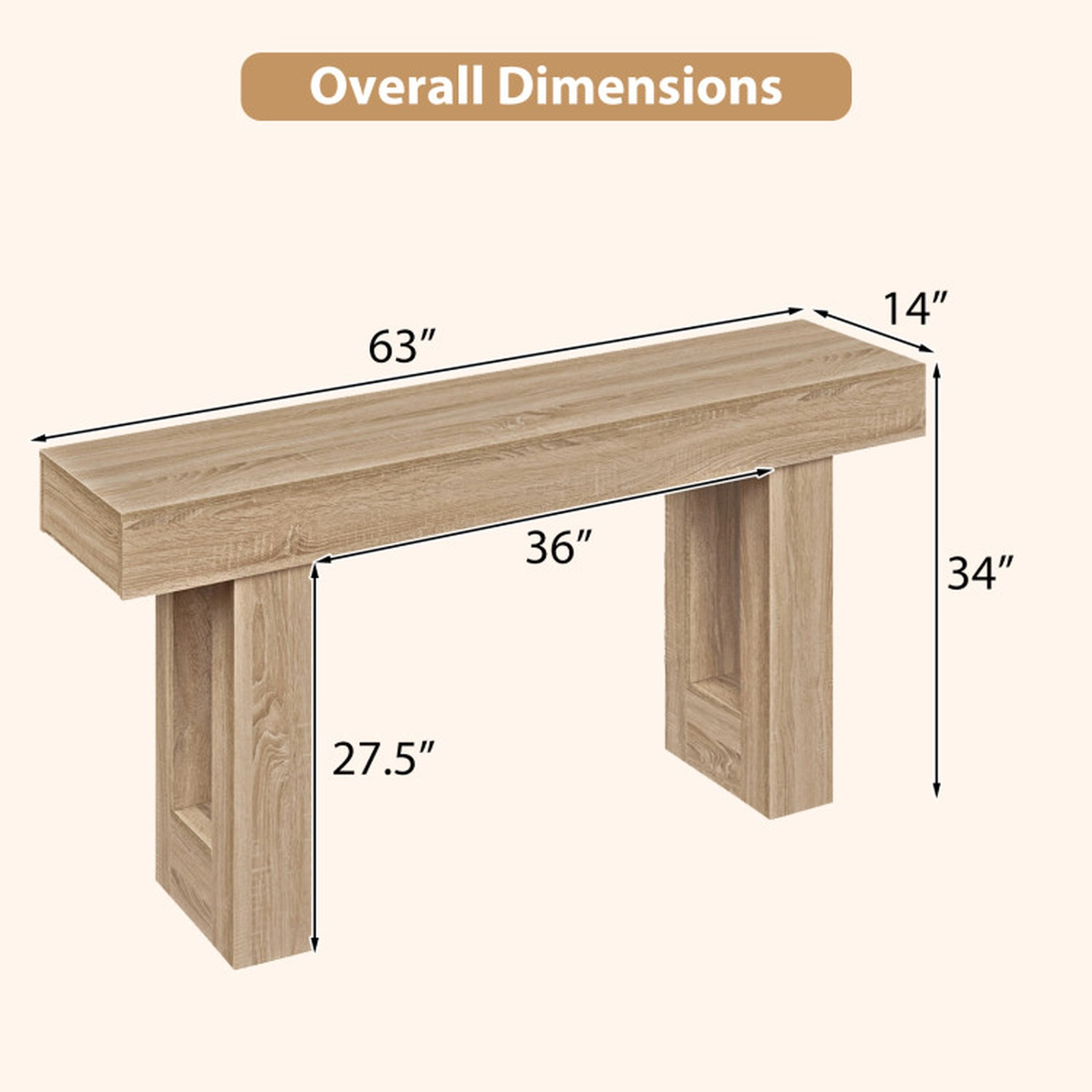 SUGIFT 63-in 135-lb Capacity Natural Farmhouse Behind Couch Console Table with Thickened Board Top