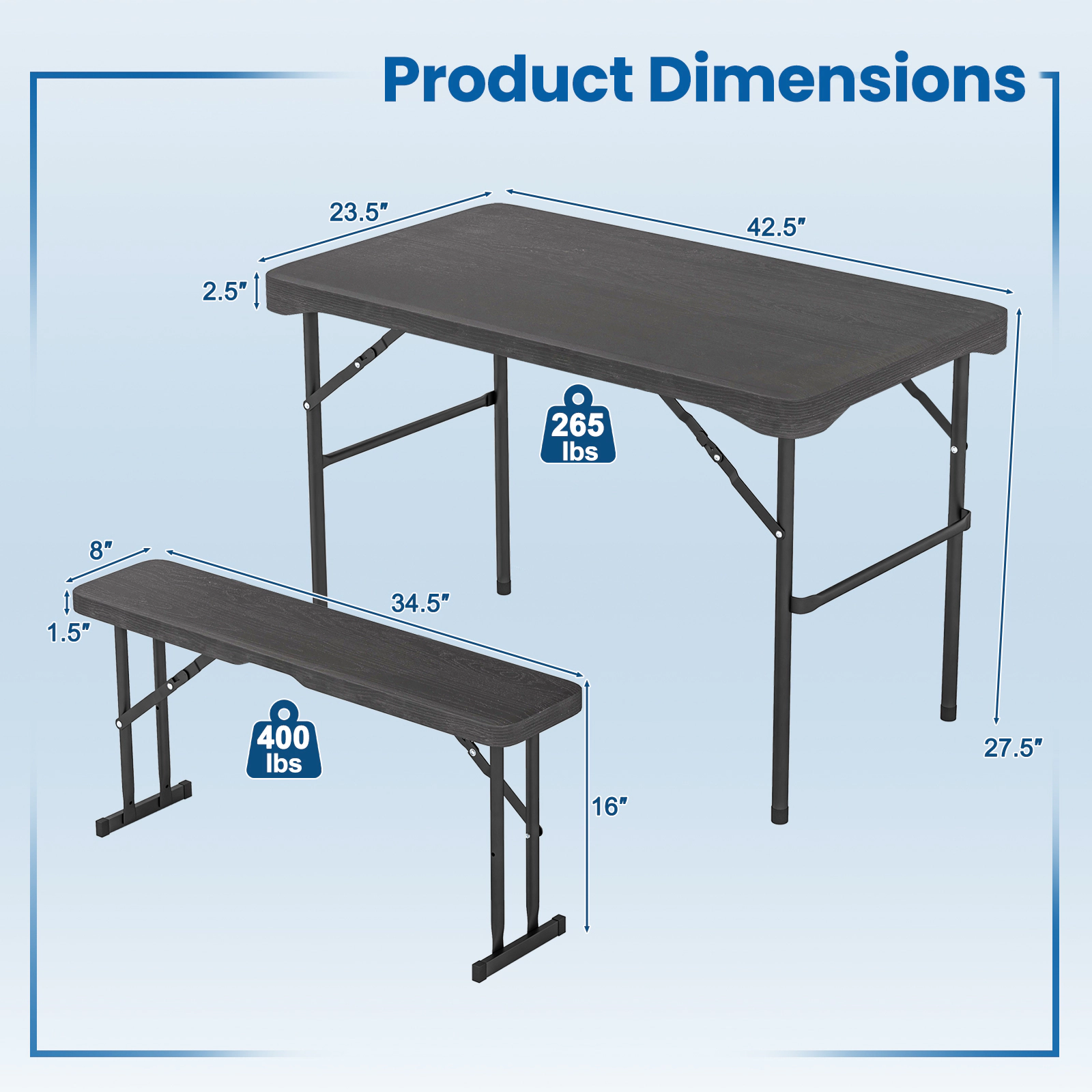 SUGIFT Outdoor Folding HDPE Table and Bench Dining Set 265-lb Table 400-lb Benches Black