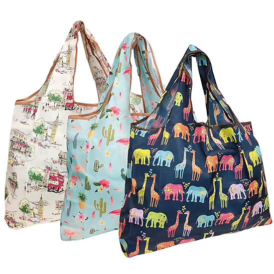 Wrapables Large Nylon Reusable Shopping Bags for Groceries (Set of 3), Animals + England