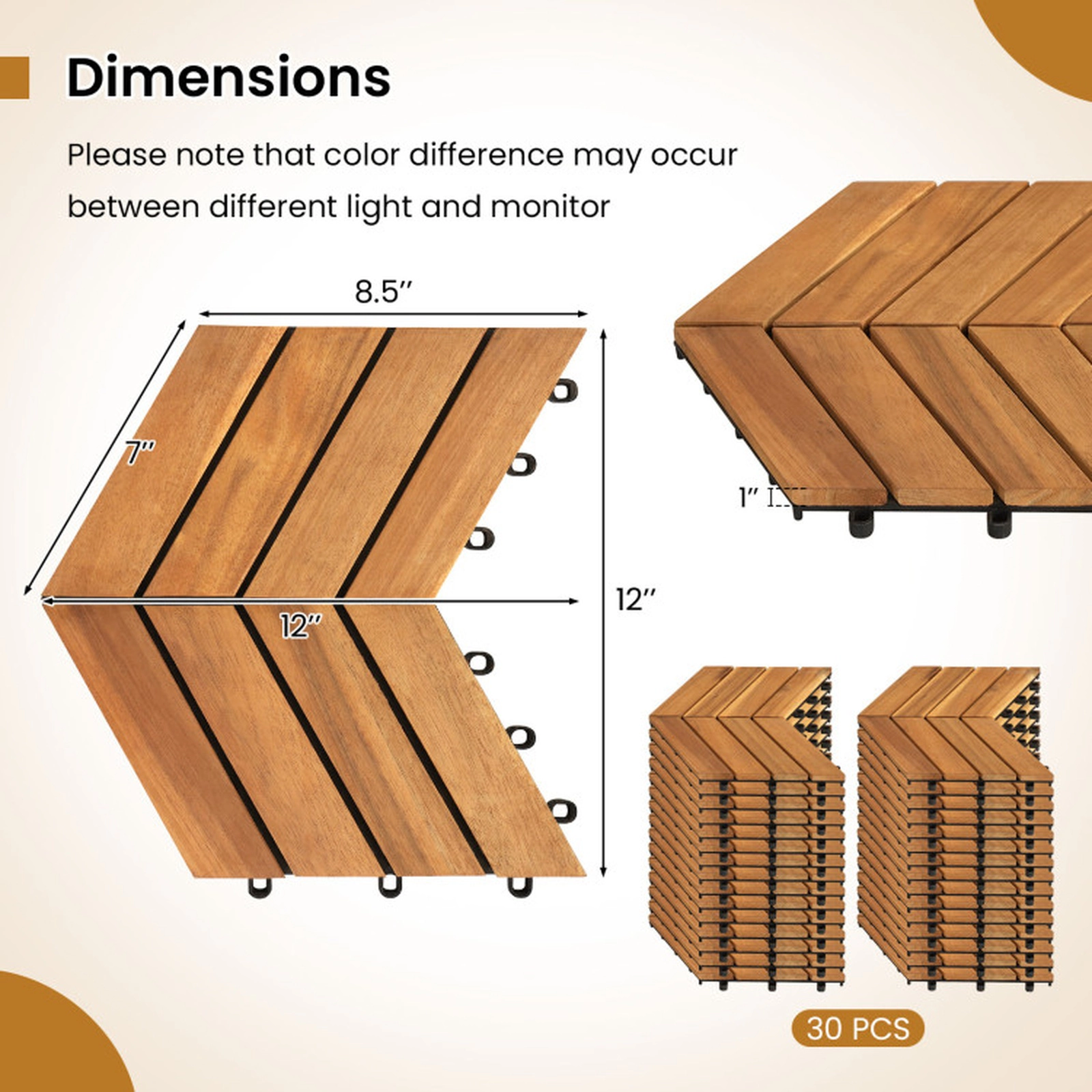 SUGIFT Natural 30-Piece Acacia Wood Deck Tiles with Tool-Free Snap Base 12-in W 12-in D 500-lb Tile Capacity