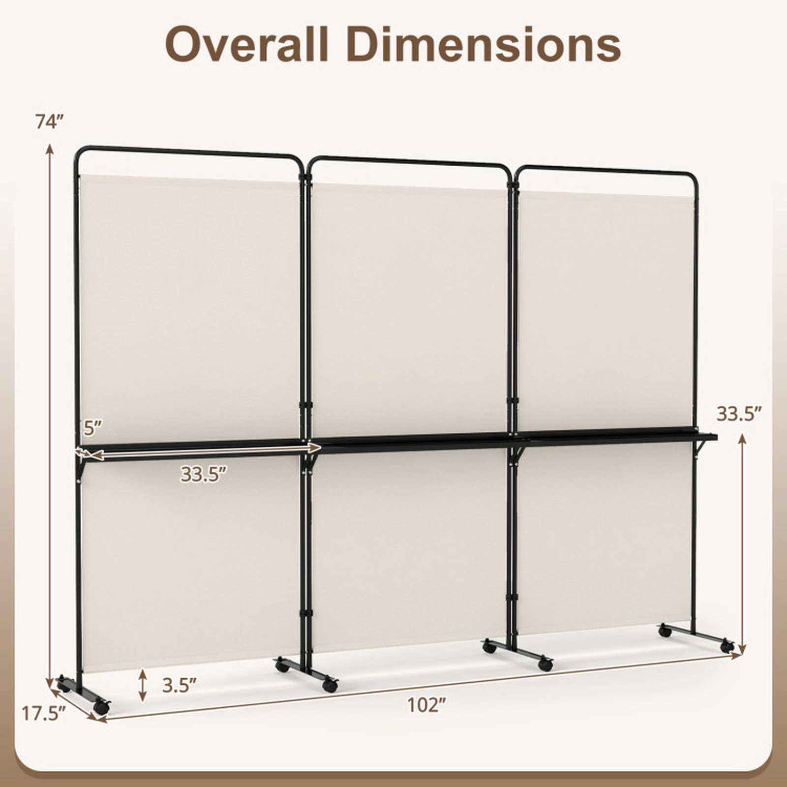 SUGIFT 3-Panel Room Divider with Shelves 74-in Tall Folding Privacy Screen with Lockable Wheels White