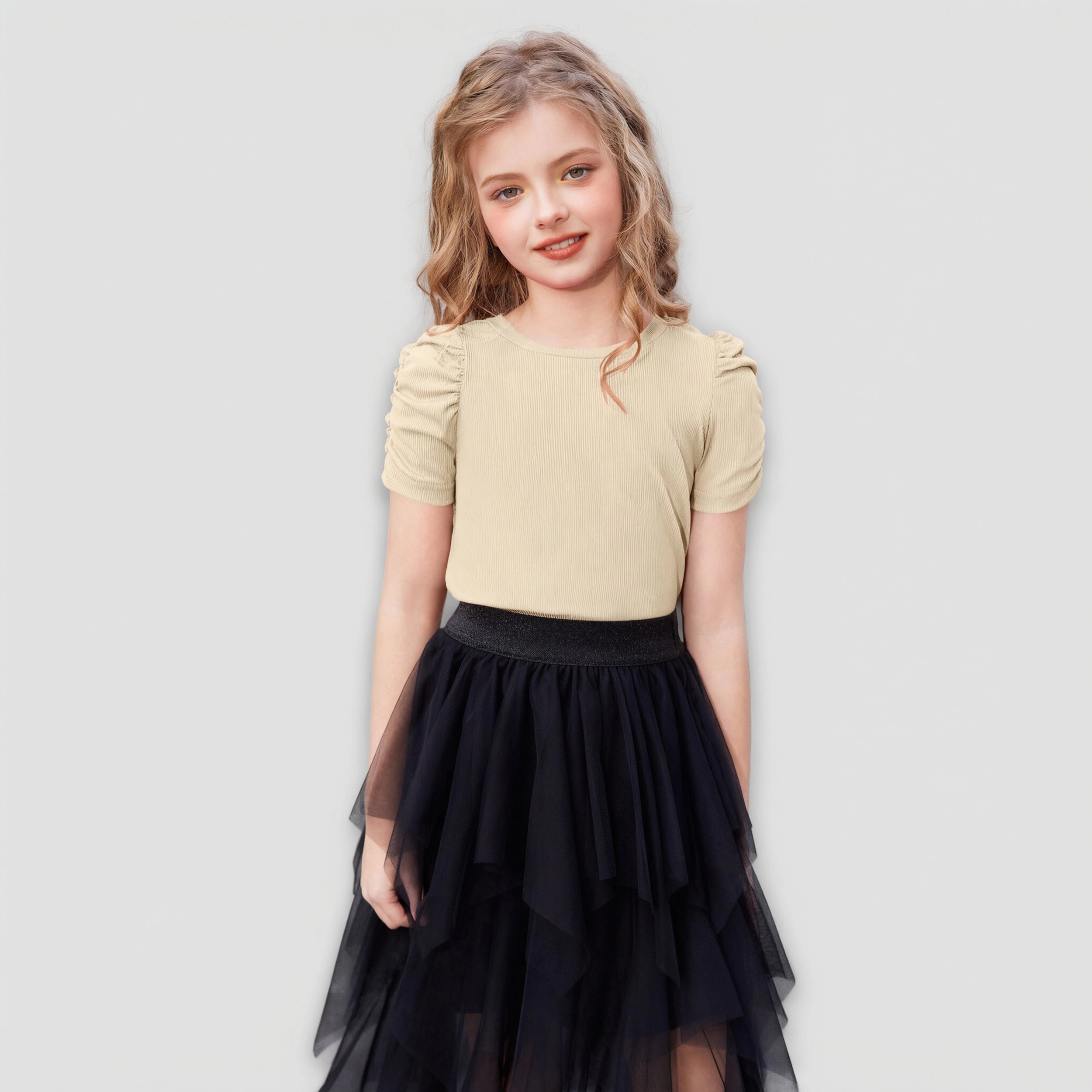Arshiner Girls Shirts Creweck Puff Sleeve Tops Summer Ribbed Knit Casual Tshirts T-Shirt Blouse
