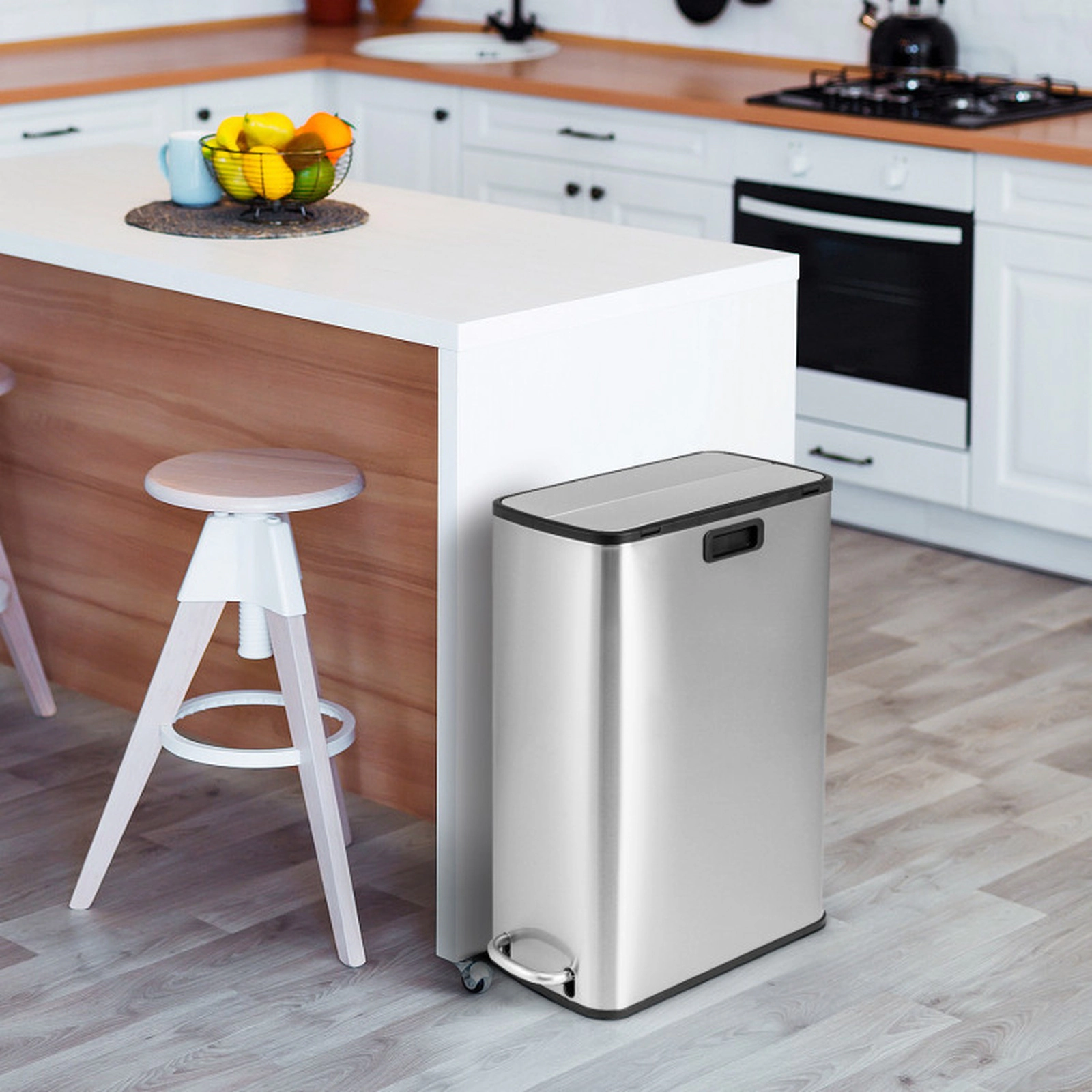 SUGIFT 12-Gal Soft-Close Wing Lids Removable Inner Bucket Step Trash Can 20.5-in x 10.5-in x 27-in 3-Layer Silver